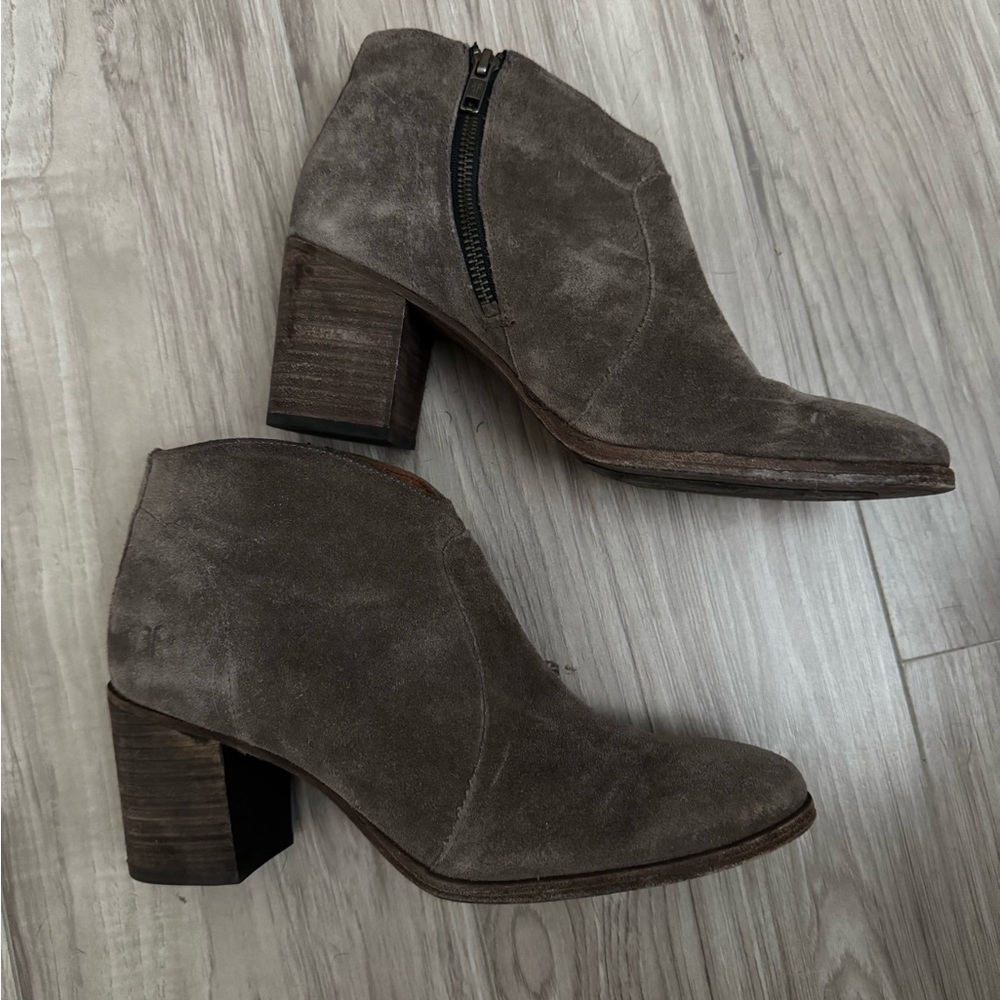 Frye Nora Zip Ankle Booties in grey suede